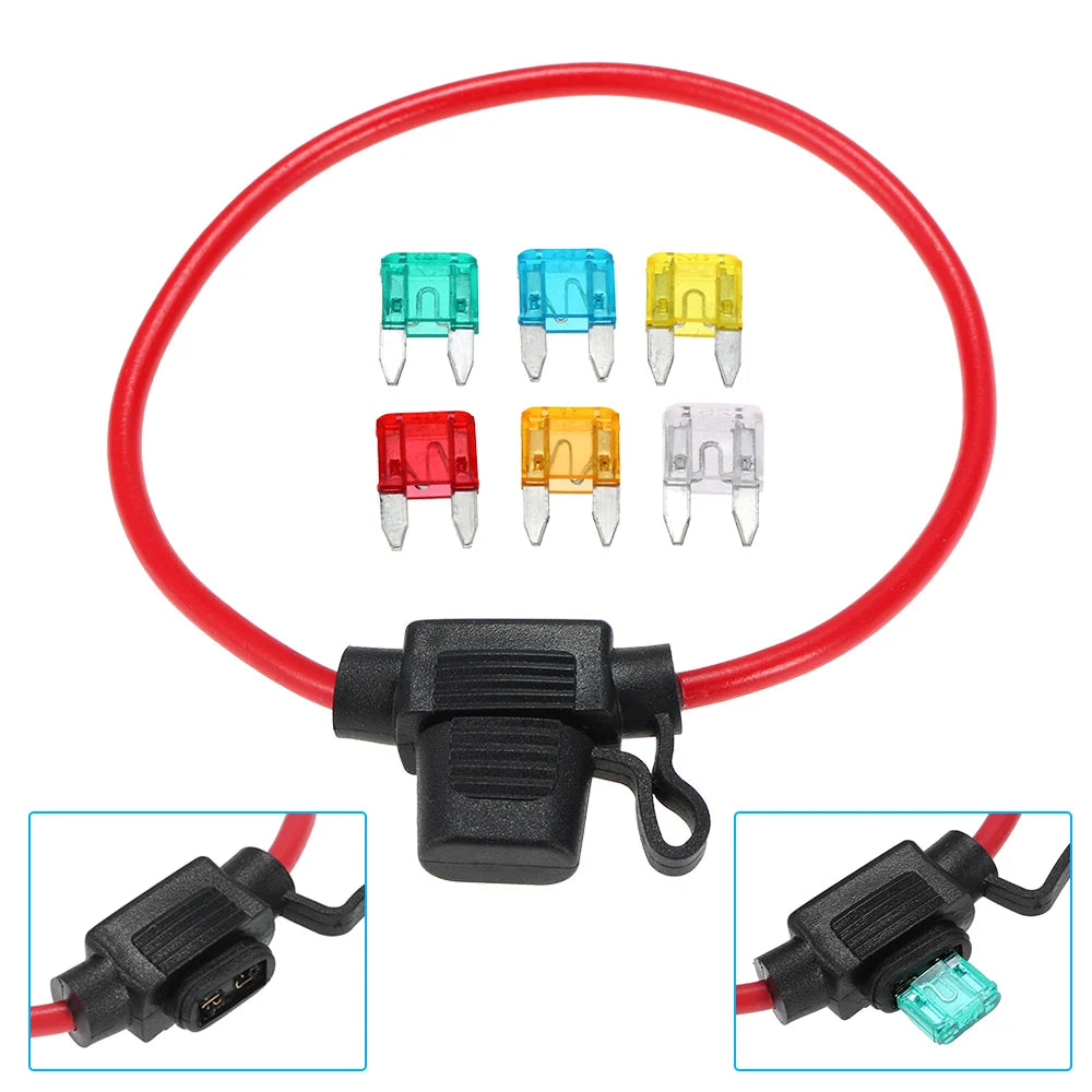 12V Car Automotive In-Line Mini Blade Fuse Holder Fuses with Splashproof Casing with 6 Fuses 5A 10A 15A 20A 25A 30A