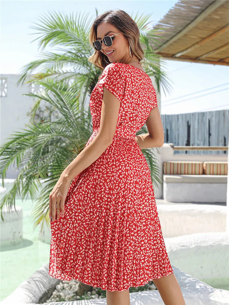 Msfilia Summer Print Pleated A Line Long Dress Women Short Sleeve High Waist Spring Round Neck Chic Dress with Belt