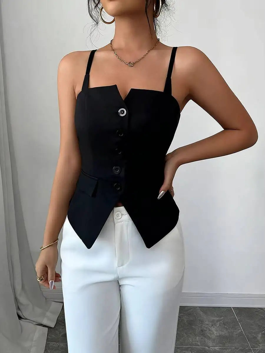 Women's Casual Tank Top Spring Summer Black Top Spaghetti Strap Sweetheart Neck Button Slim Fit Valentine's Day Elegant Sexy Top