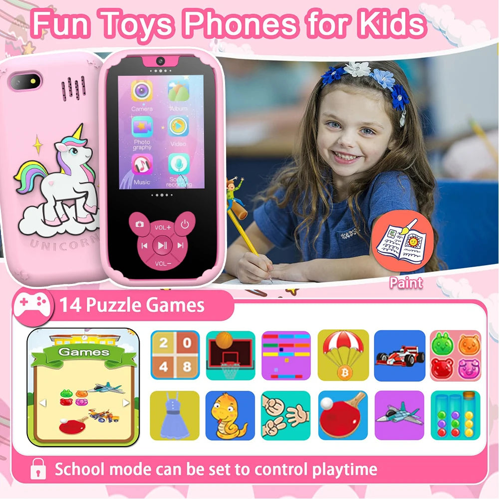 Interesting Kids Smart Learning Phone,8GB Memory Game Gift Educational Toy with Dual Camera &Music Player for Ages 3-12 Birthday