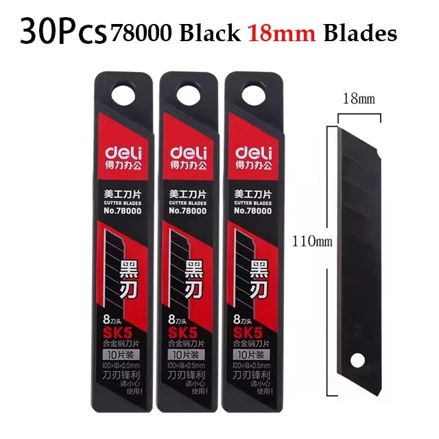 Deli Heavy Duty Utility Knife Sharp Black SK5 Carbon Steel Blades 9mm/18mm/Auto-Retractable Box Cutter for Cardboard Cartons
