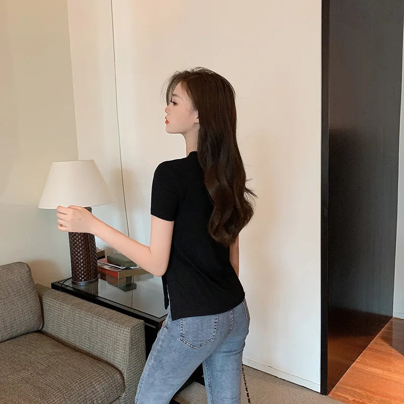 Korean Solid Slit Design Short Sleeve Tee Summer Y2K Streetwear Sexy Top New American Fashion All-match Top for Women