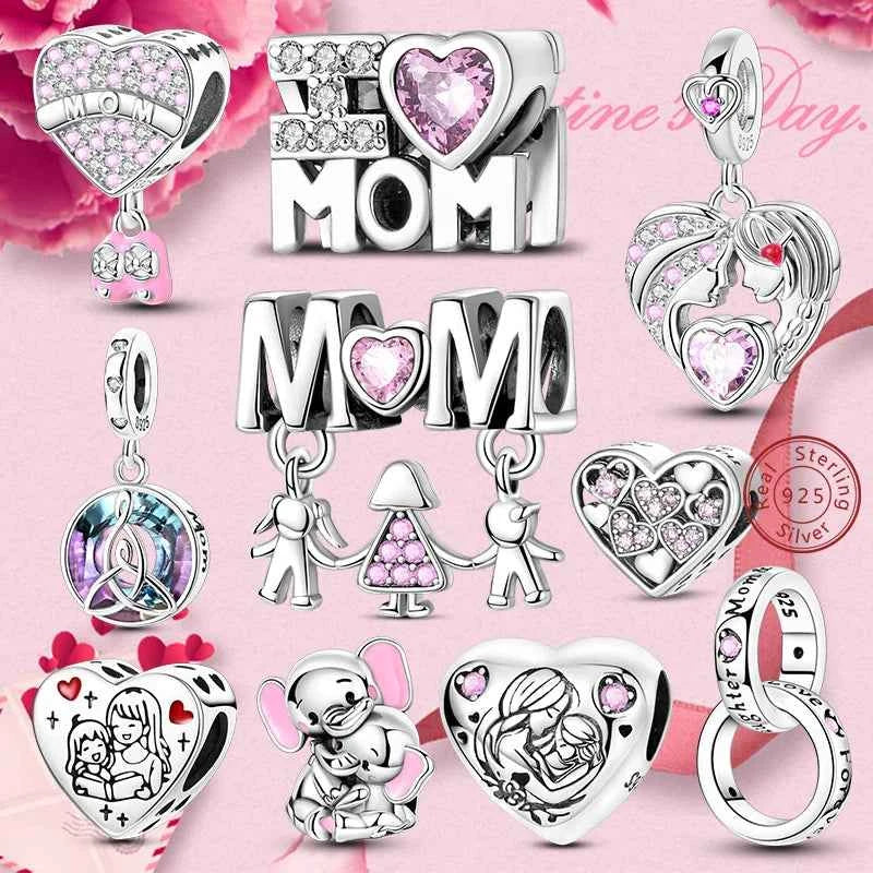 Original 925 Sterling Silver Charm Bead Mother's Day Love Heart Family Charm Bead Pendant Fits Bracelet Womens Jewelry Gifts