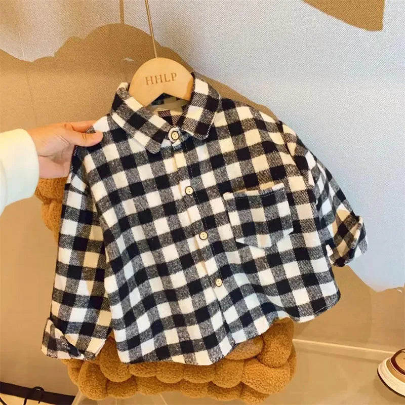 Autumn Children's clothes Girls Boys Casual Retro Lapel Shirt Long Sleeves Single-breasted Tops Blouses Plaid Shirts
