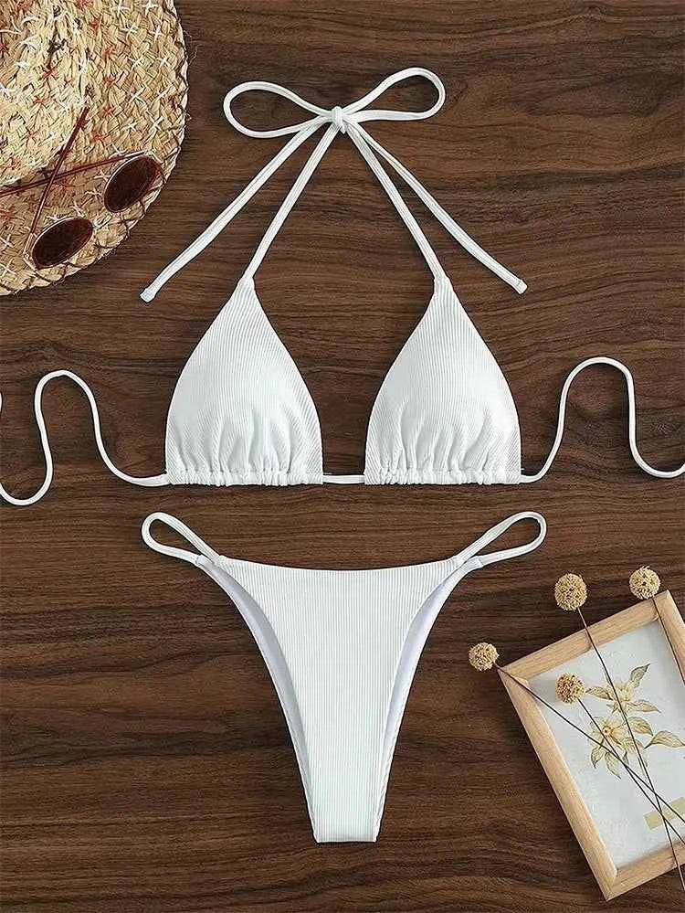 2025 Special Pit Stripe Fabric Bikini Set Women Sexy Simple Solid Halter Bikini Swimsuit High Waisted Lace Up Beach Bathing Suit