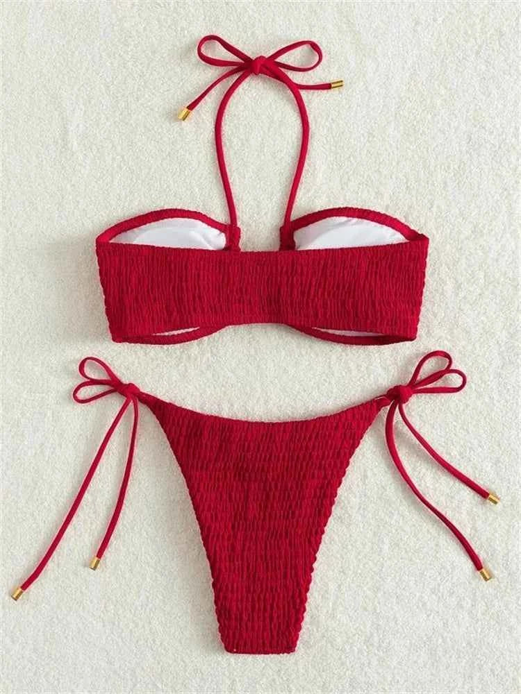 Sexy Triangle Bikini 2024 Women Red Black Ribbed Push Up Micro Swimsuit Cut Out Metal Designer Bathing Suit Knot Thong Swimwear