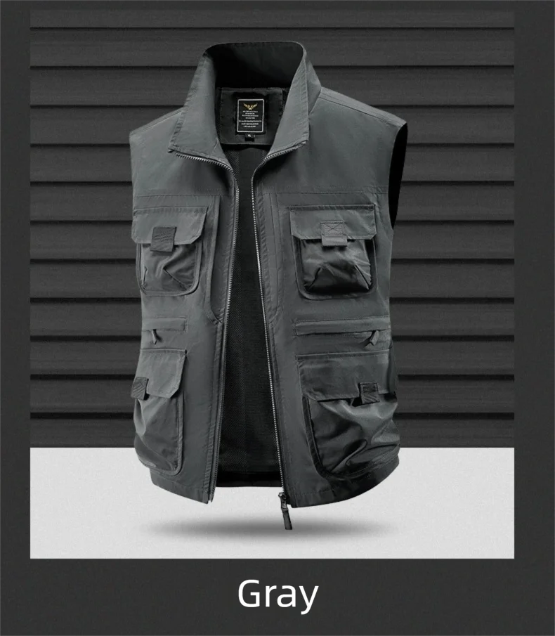 2025 Men's Outdoor Tooling Multi-Pocket Casual Outdoor Fishing Large Size Vest with Vertical Collar Breathable Quick-drying Vest