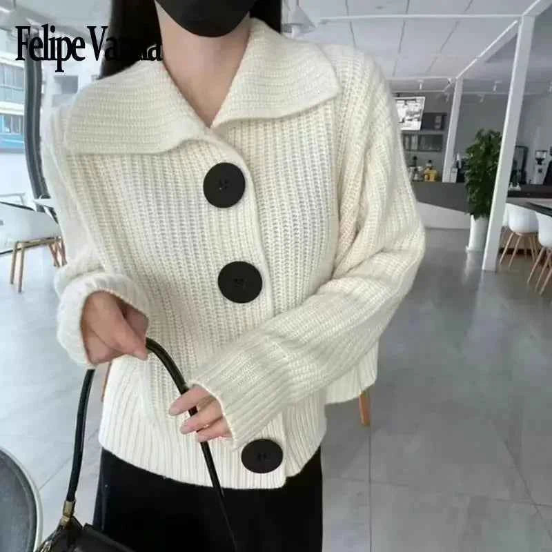 Temperament Fashion Sping Autumn New Sweaters Coats New Women Solid Lapel Button Korean Casual Long Sleeve Cardigan Knitted Tops