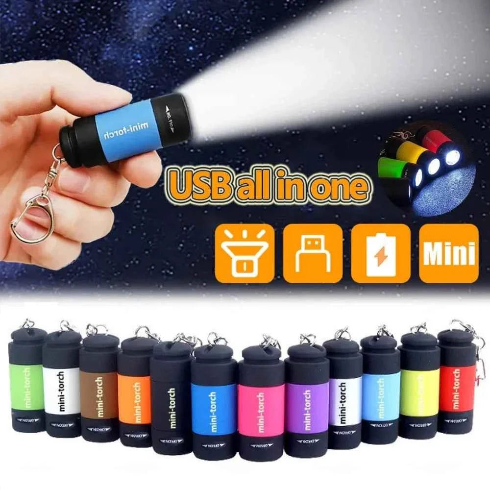 USB Rechargeable LED Pocket Keychain Flashlight Multifunctional Strong Light Waterproof for Outdoor Hiking Camping Mini