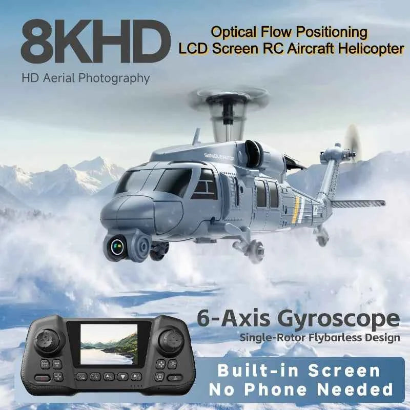 8K HD Camera RC Helicopter With LCD Screen Optical Flow Positioning One Key Takeoff WIFI FPV RC Airplane Single-Rotor Flybarless