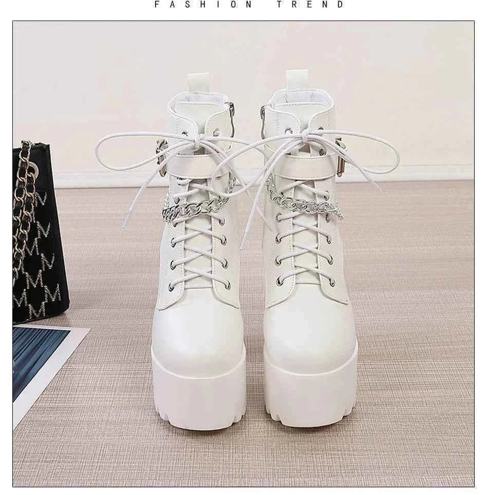 Gdgydh Gothic Buckle Strap Ankle Boots Women Faux Leather Platform Block Chunky Heels Chain Ultra High Heels Motorcycle Boots