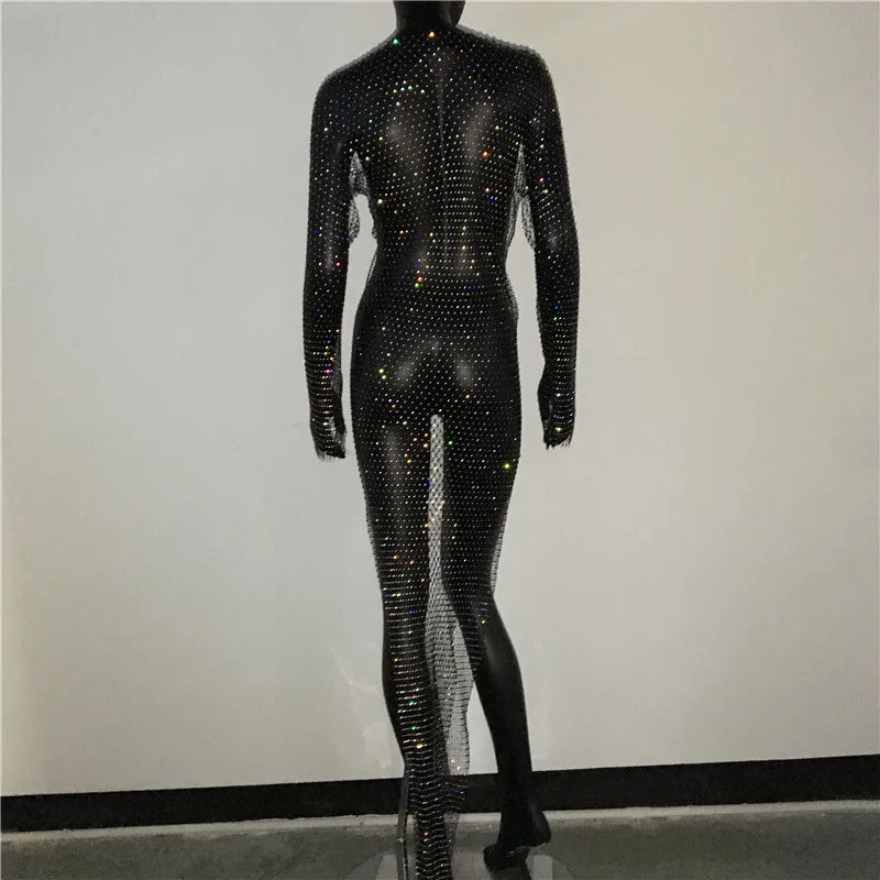 Y2K Sexy Shiny Rhinestones Grid Fishnet Dress Long Sleeve Hollow Out Side Slit Dress Beach Cover Up Breathable Lady Vestidos