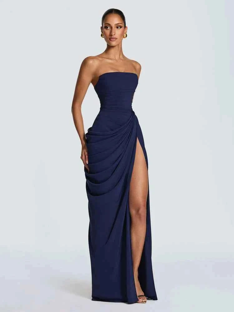 Women Sexy Solid Pleated Strapless Dress Lady Chic Off-shoulder Backless High Waist Split Dresses  Evening Party Gown 2026 New