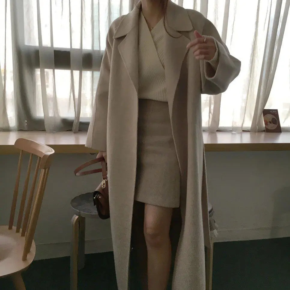 Chic Thick Warm Lapel Lace-up Pockets Loose Woolen Coat 2025 Autumn Winter New Korean Female Long Oversize Casual Women Clothes