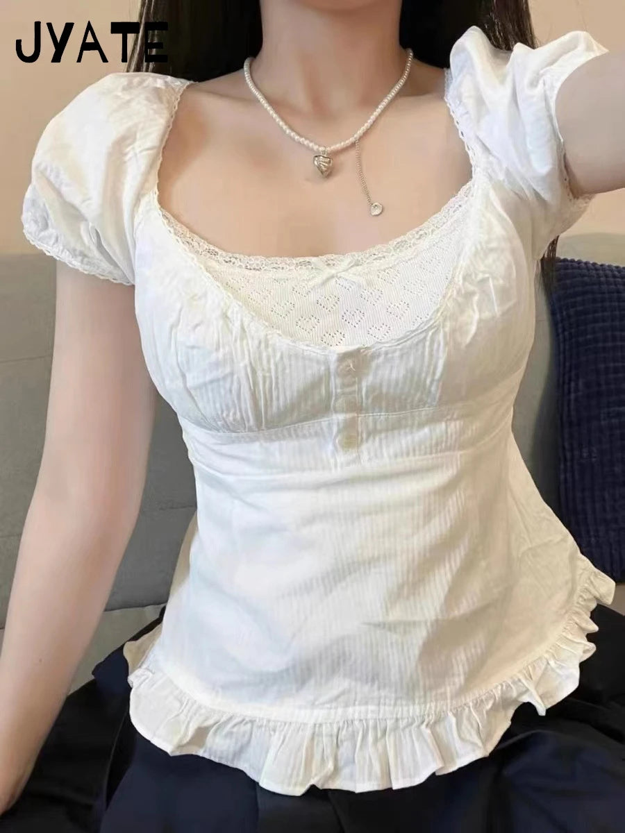 White Striped V-neck Buttons T-shirts Women New Casual Cotton Lace Trim Sexy Crop Tops Sweet Cute Preppy Style Blouse Tees Y2K