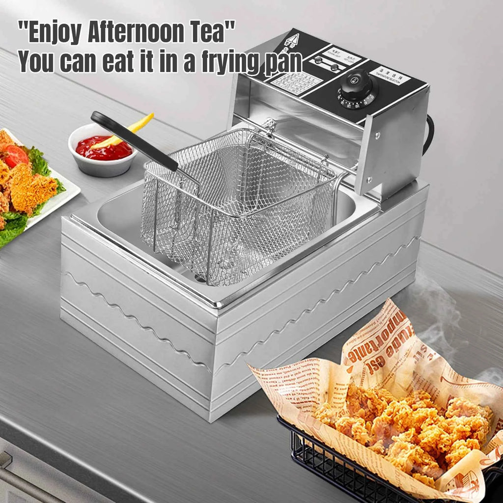 6L Electric Deep Fryer Stainless Steel Countertop Fryer with Basket for Fried Chicken French Fries with Time & Temp Control