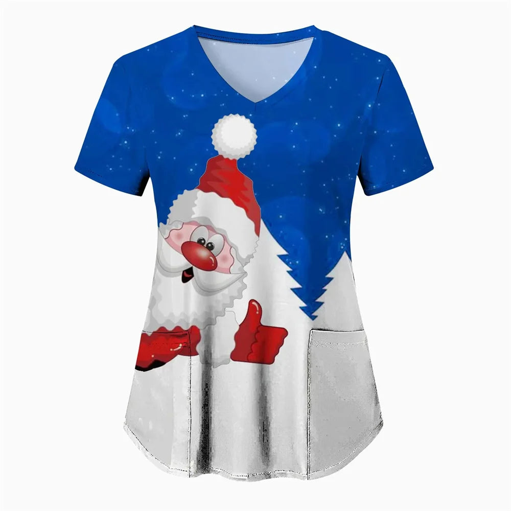 Womens Christmas Nurse T Shirt Print Short Sleeve V Neck Workwear With Pocket Working Nurse Work Wear Overalls Medical Uniforms
