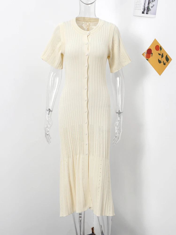 Knitted Women Long Dresses Hollow Out Short Sleeved Women Split Dress O-neck Single Breasted Female Solid Elegant Ladies Robe