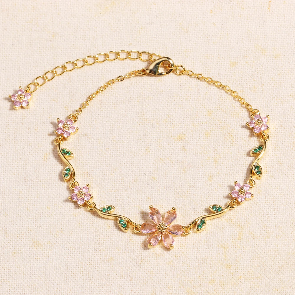 Luxury New Fashion Exquisite Green Leaf Flower Bracelet For Women Pink Cubic Zirconia Chain Shiny Rhinestone Bangle Jewelry