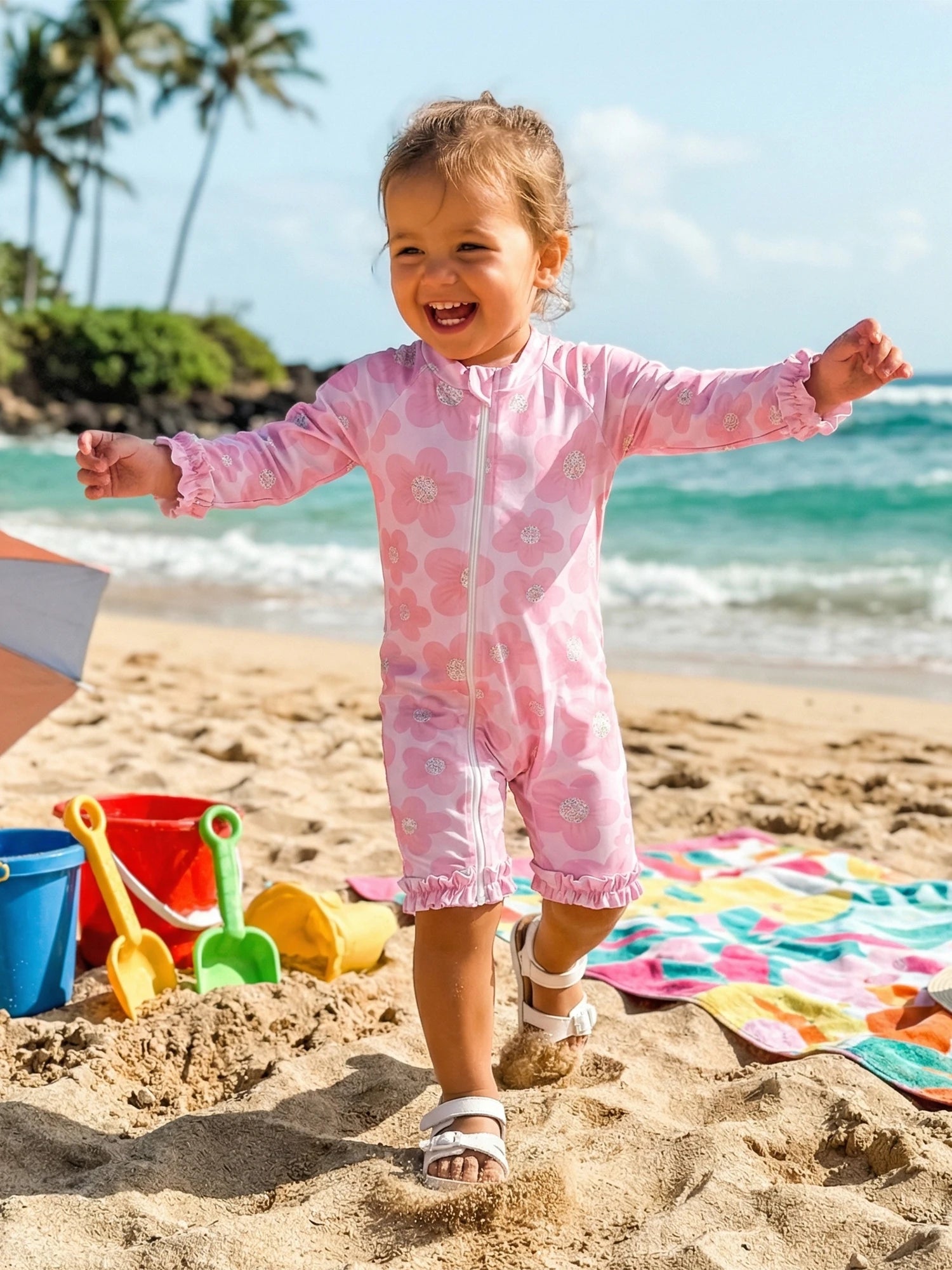 Toddler Baby Girl Summer Rash Guard Swimsuit Solid Color Print Long Sleeve Round Neck Romper Swimwear for Pool Beach