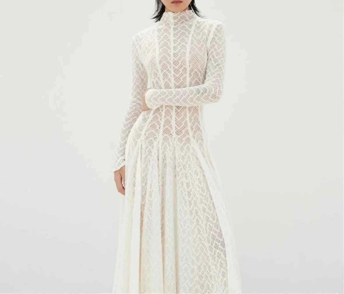 TWOTWINSTYLE Solid Slimming Spliced Ruffles Dresses for Women Round Neck Long Sleeves Patchwork Hollow Out Dress Female Clothing