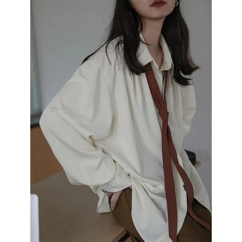 2026 Summer Women's Oversized Long Sleeve Blouse 2026 Summer New Arrival Tie Neck Shirt Loose Fit Office Elegant Fashion