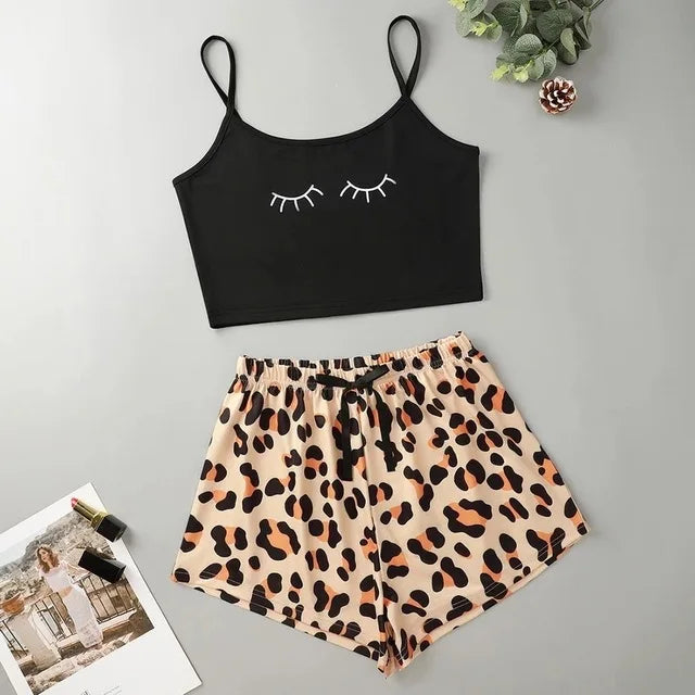 Summer Silk Satin Pyjama Pajamas for Women Sexy Sleepwear Sling Top Shorts Pajama Set Cartoon Pattern Printing 2-Piece Homewear