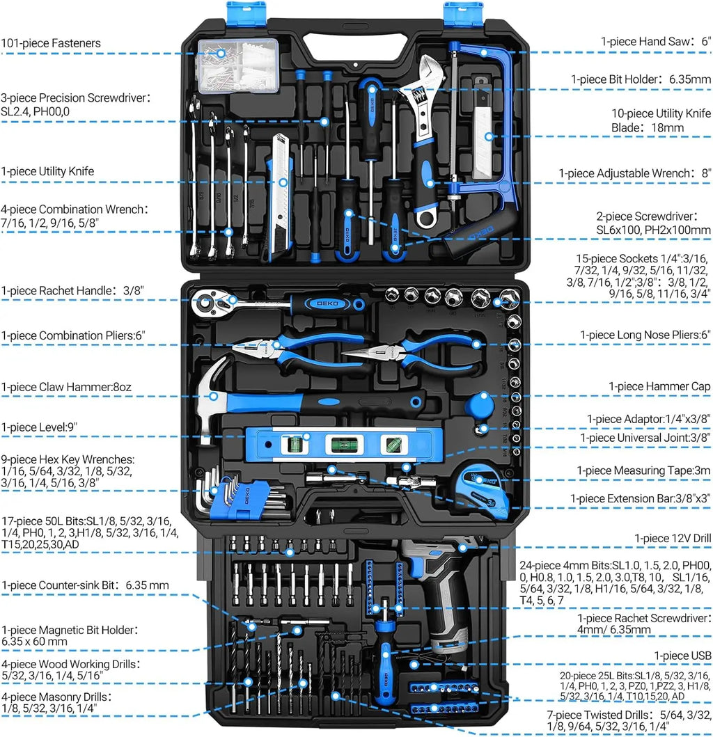 DEKO Home Mechanic Toolbox with 12V Power Cordless Drill Hand Repair Tools Sets Combo Kits Storage Organizer Drawer Case