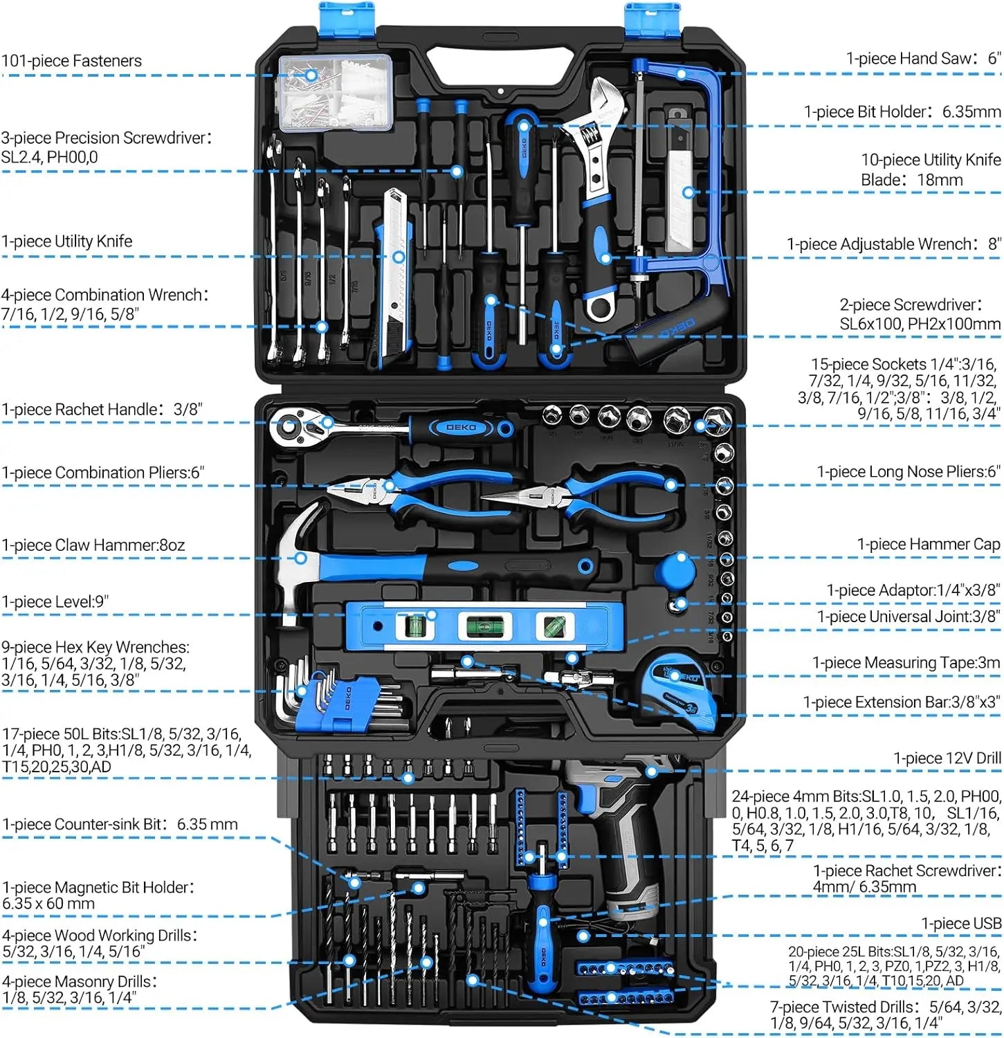 DEKO Home Mechanic Toolbox with 12V Power Cordless Drill Hand Repair Tools Sets Combo Kits Storage Organizer Drawer Case