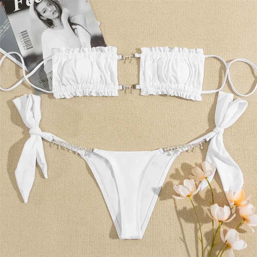 Sexy Rhinestone Chain Micro Thong Bikini Women Swimwear Ruffled Bandeau Swimsuit Knotted Bathing Swimming Suit Bikinis Sets 2026