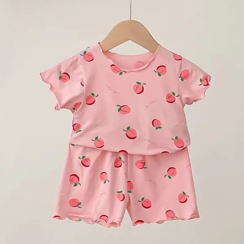 Baby Girl Strawberry Pajamas Set Summer Short Sleeve Thin Two Piece Toddler Kids Sleepwear Infant Home Wear Clothes