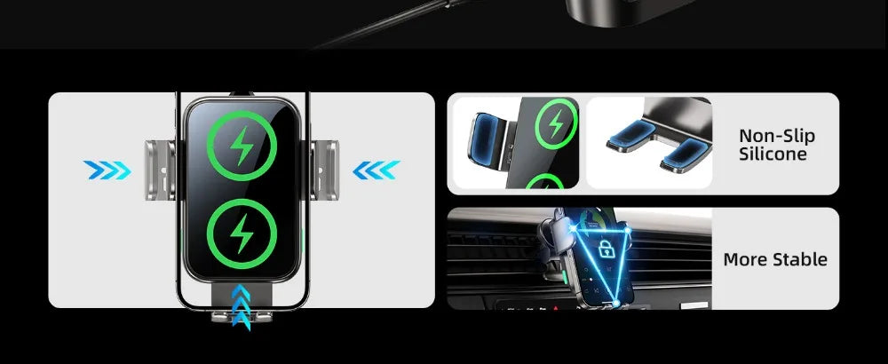 15W Car Phone Holder Wireless Car Charger Dual Coil Dash Vent Windshield Auto Clamping Charging Phone Holders for iPhone S24/S23