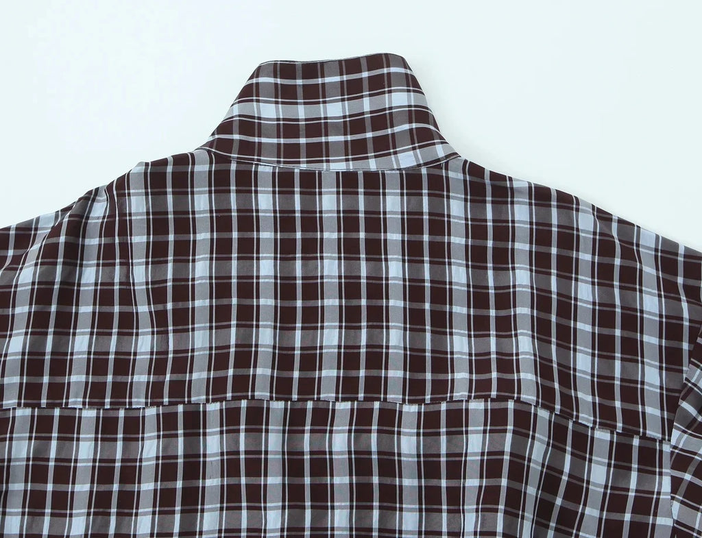 KONDALA Streetwear Casual Chic Women Blouse Plaid Stand Collar Single Breasted Blouse Fashion 2026 Spring Summer Holiday Blouse