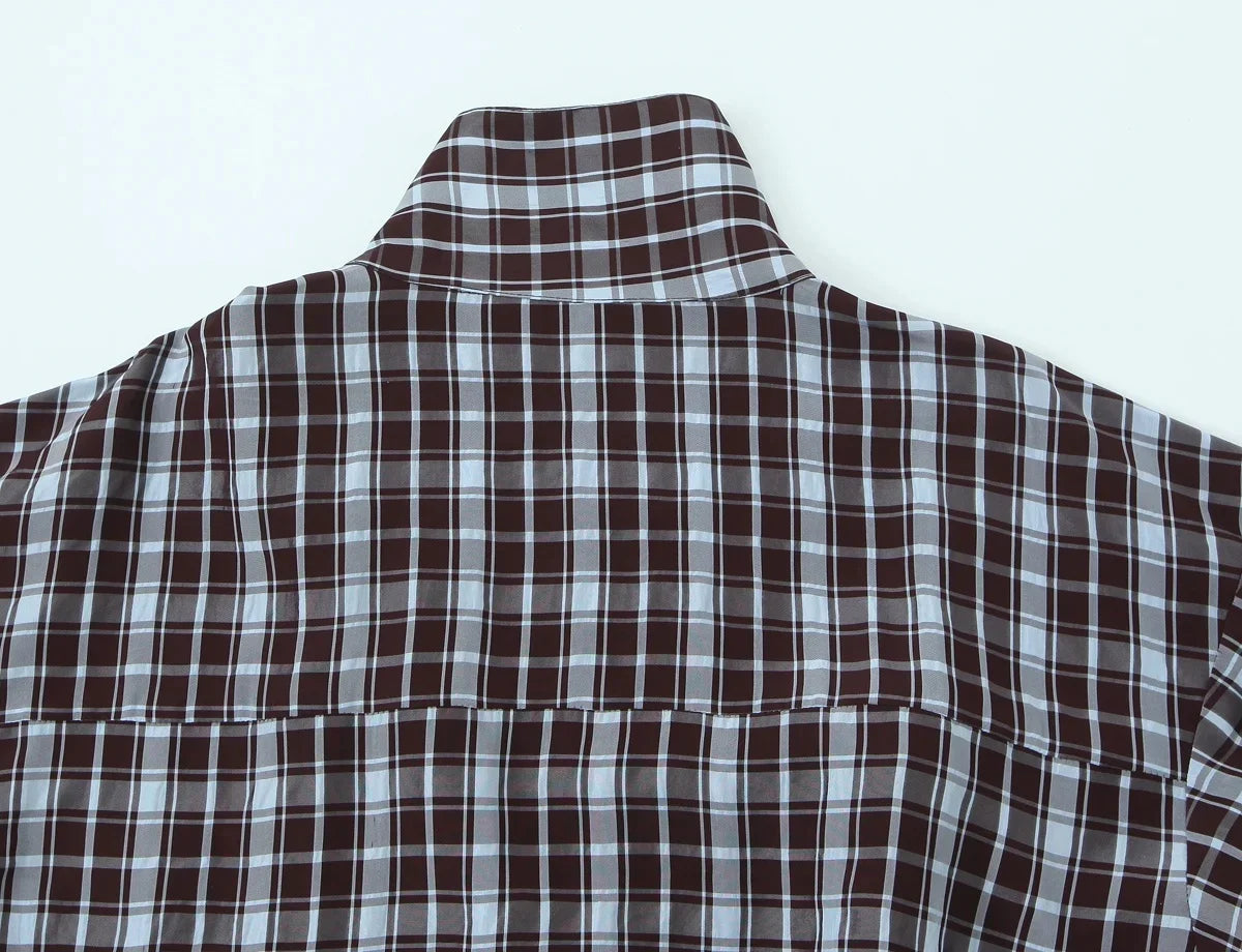 KONDALA Streetwear Casual Chic Women Blouse Plaid Stand Collar Single Breasted Blouse Fashion 2026 Spring Summer Holiday Blouse