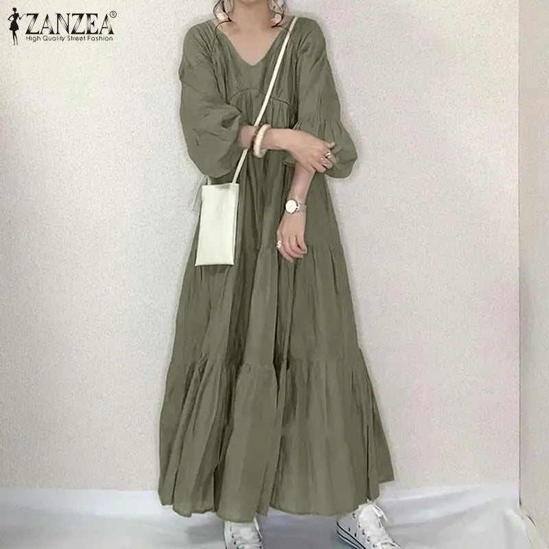 ZANZEA Vintage Ruffle Dress Women's Spring Sundress Casual Puff Sleeve Maxi Vestidos Female V Neck Robe Elegant Long Dresses