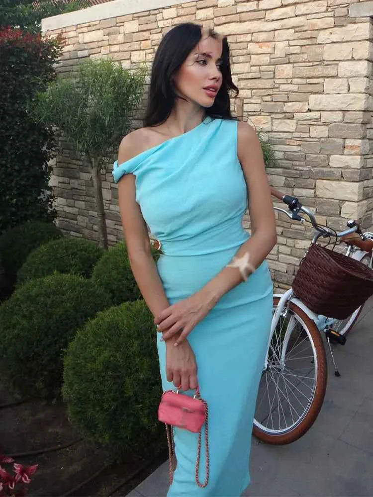 HH Woman's Summer Sexy Fashion Long Dress Solid Sleeveless Asymmetry Dresses Female Holiday Style Slit Slim Chic Dress