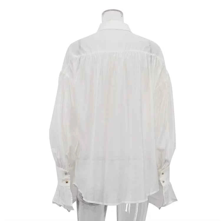 Bornladies Autumn Women's Fashionable Loose Collared Shirt Office Lady Solid Color Versatile Flare sleeve Top Long Sleeved Shirt