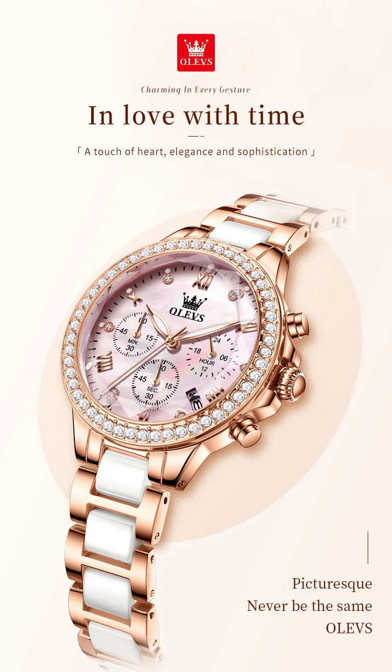 OLEVS 9999 Women Watch Brand Original Elegant Waterproof Chronograph Luxury Ceramic Dress Pink Women Quartz Watch Reloj Mujer