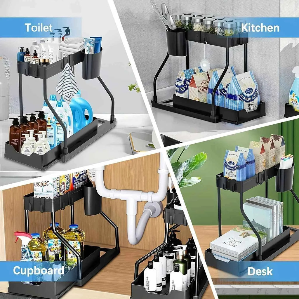 Space Saving 2 Tier Under Sink Organizer,Pull Out Storage Box Durable Large Capacity Kitchen Bathroom Essential Drawer Organizer