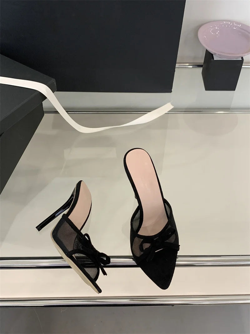 Liyke Street Fashion Bowknot Mesh Women Slippers Sandals Sexy Pointed Open Toe Black High Heels Mules Slides Party Banquet Shoes