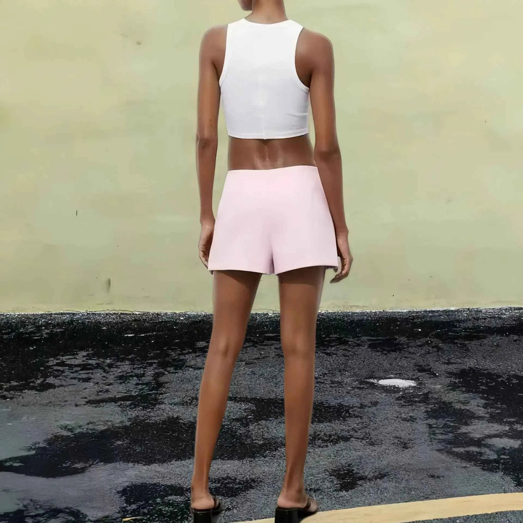 2025 Y2K Asymmetric Cyber Pink Low-Rise Skirt  Bralette Combo Fade-Resistant Streetwear + Crystal White Version