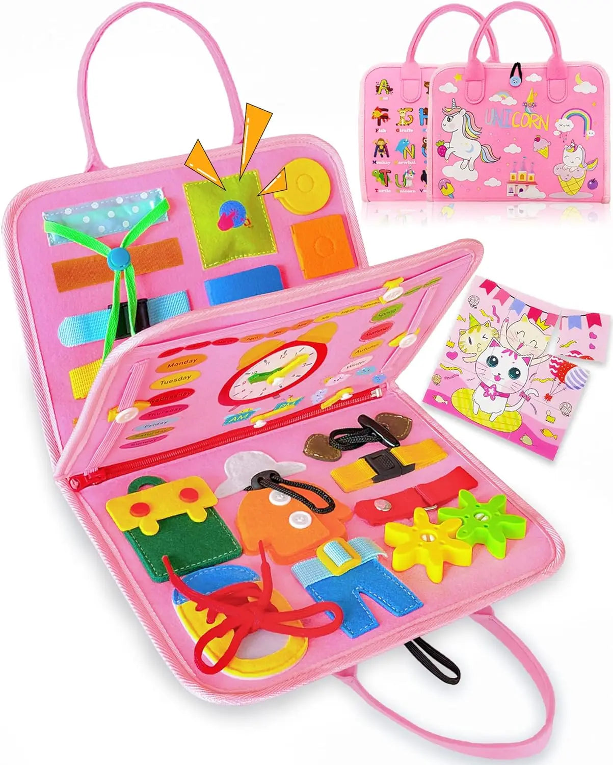 Toddler Busy Board Montessori Toys Learning Educational Activities Travel Toy Dinosaur Dress up  Sensory Life Skill Backpack