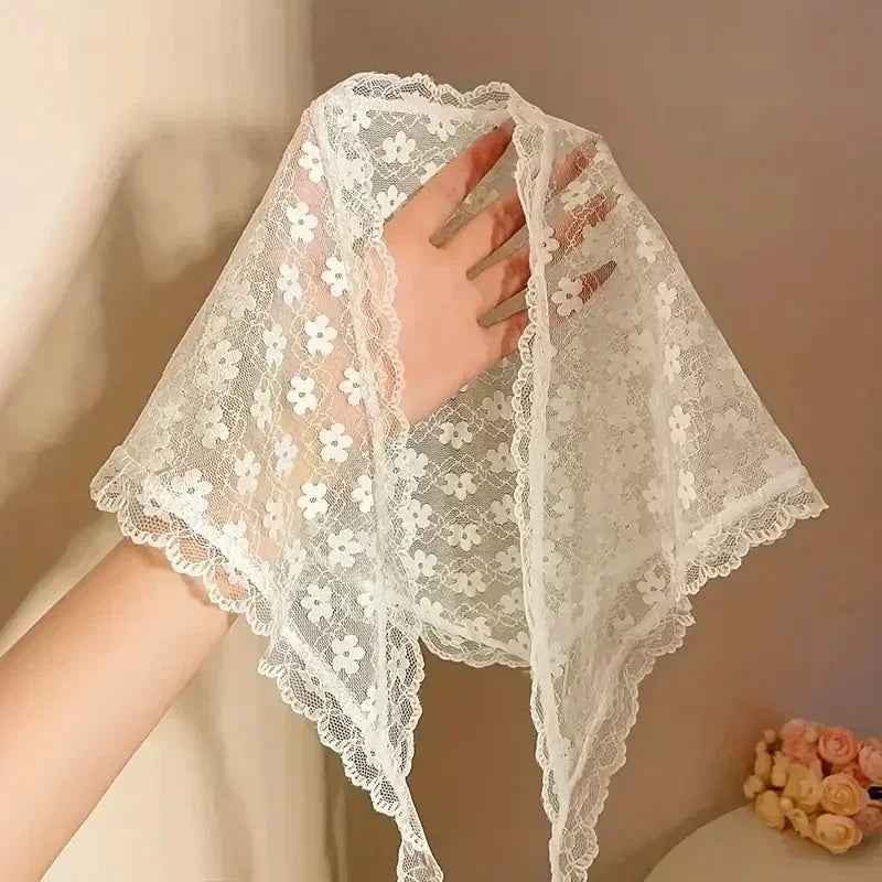 Fashion Lace Triangle Headscarf Romantic Summer White Woven Floral Lace Hair Scarf Wraps Travel Photo Headband Hair Accessories
