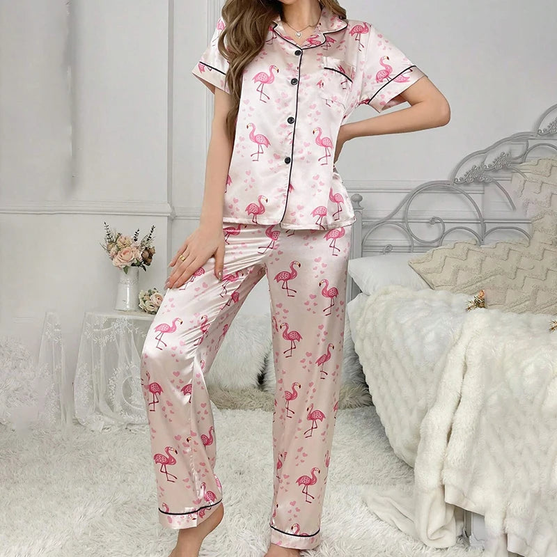 Women's Pajamas Sets Autumn Short Sleeve Buttons Top & Pants Sleepwear 2 Piece Button-Down Pj Set Homewear Satin Loungewear