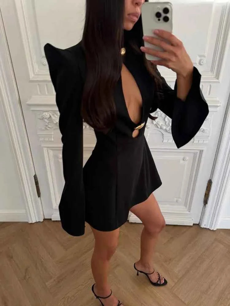 Ahagaga Elegant Women's Mini Dresses Solid Sexy Bodycon Slim Fit Hollow Out Regular Long Flare Sleeve A Line Trend Casual Female