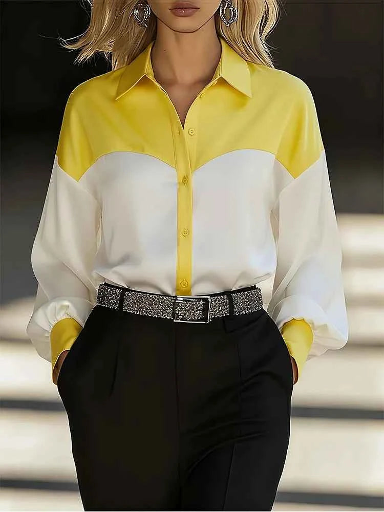 Women Shirt Blouse Long Sleeve Turn Down Collar Button Color Block Patchwork Casual Female Office Tops Trendy Work Shirt