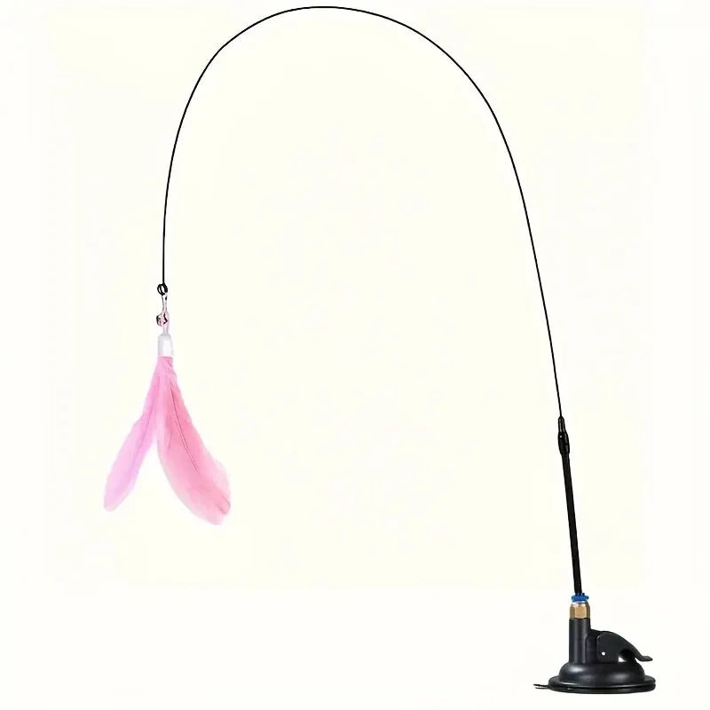 Pink Enhanced Color Cat Feather Teaser Wand With Bell And Suction Cup Base
