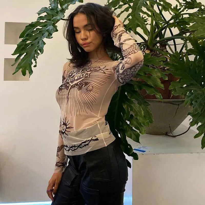 Y2k Aesthetic Punk Clothes Graphic Tees Women Gothic Fashion Full Sleeve Woman Tshirts See Through Streetwear Egirl Tops T Shirt