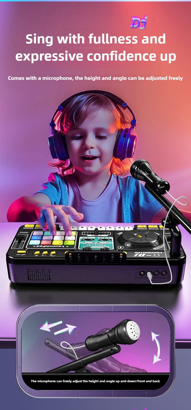 Kids DJ Controller Music Toy Mixer with Microphone LED Light Electronic Music Game DJ Turntable for Children Birthday Gifts
