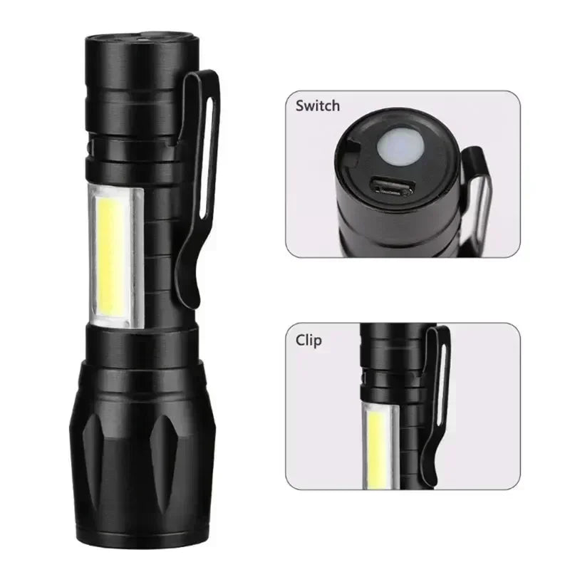 Rechargeable LED Pocket Flashlights with Pen Clip Zoom Mini Light 3 Lighting Mode with Side Lamp for Outdoor Camping Emer